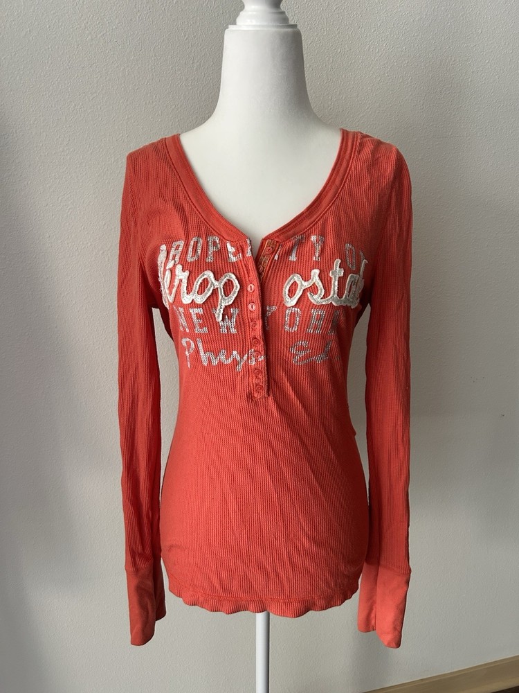 VTG Aeropostale Orange Thermal Henley Embroidered Graphic Top Y2K Grunge Stretch