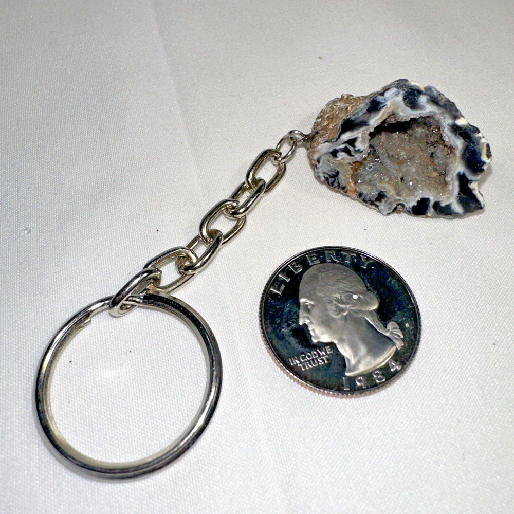 NEW Natural Oco Agate Geode Keychain Key Ring, Half Stone Rock Crystal Mineral
