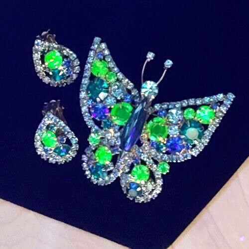Vintage Juliana Green Blue Rhinestone Butterfly Brooch Earring Set Uranium Glass