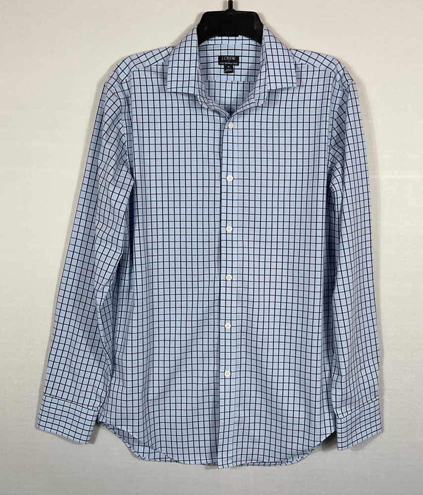 J. CREW Shirt Mens Size Med Blue Plaid Wrinkle Free Slim Button Up Long Sleeves