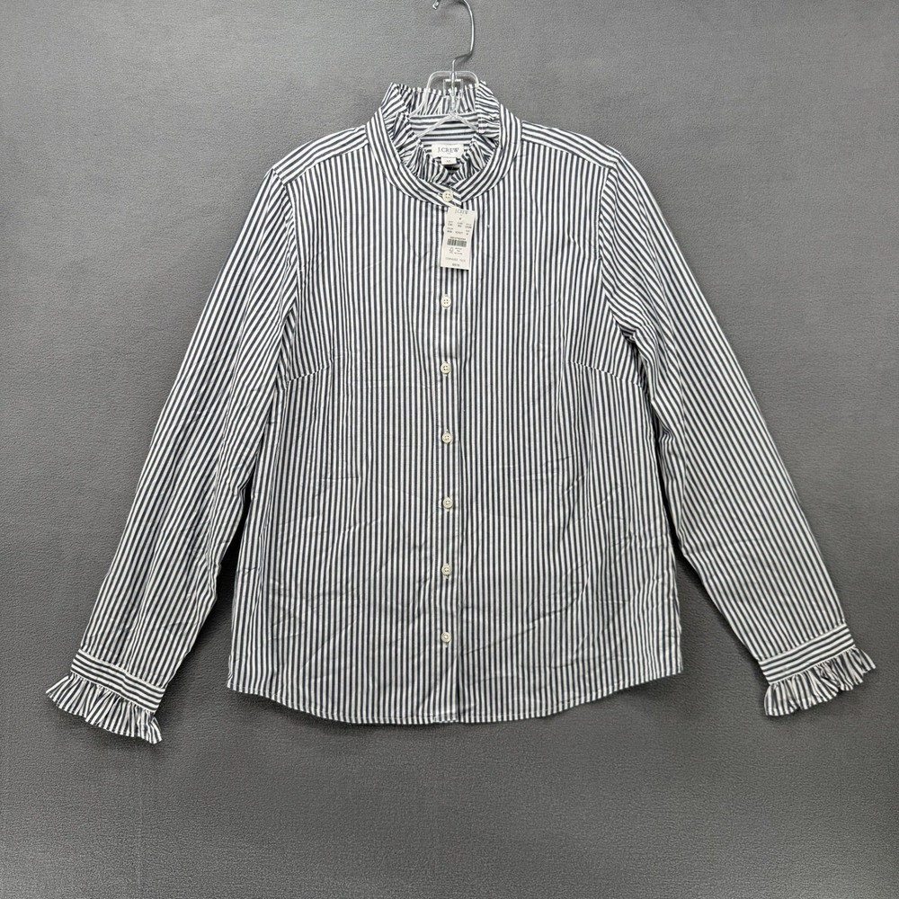 J.Crew Womens White Striped Ruffle Collar Button Down Shirt Size Medium NEW