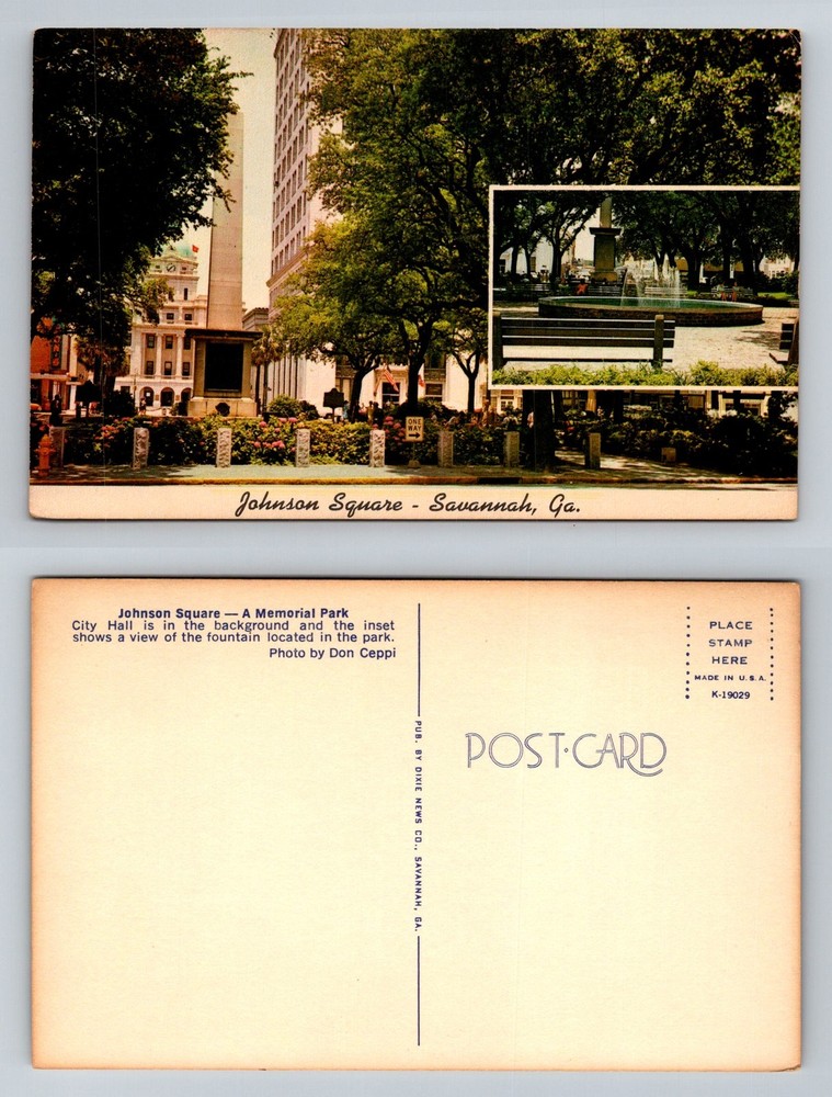 Savannah GA-Georgia, Johnson Square City Hall Fountain View Vintage Postcard