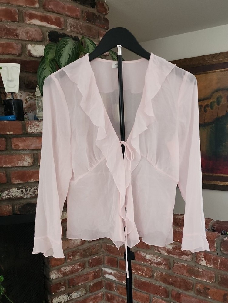 Wilfred Aritzia Sheer Pink Ruffle Blouse Tie Front Romantic Boho Top