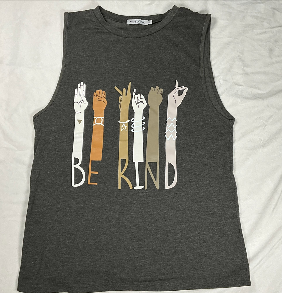 Be Kind Graphic Tank Top Women’s M Gray Sleeveless Boho Casual Tee ASL Shirt