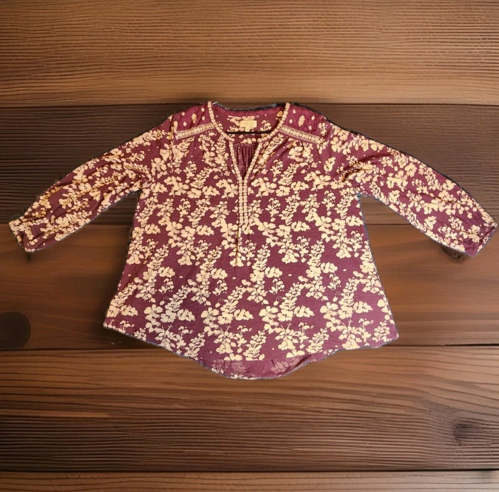 Lucky Brand Embroidered Long Sleeve Purple/Cream Floral Peasant Blouse 2xl