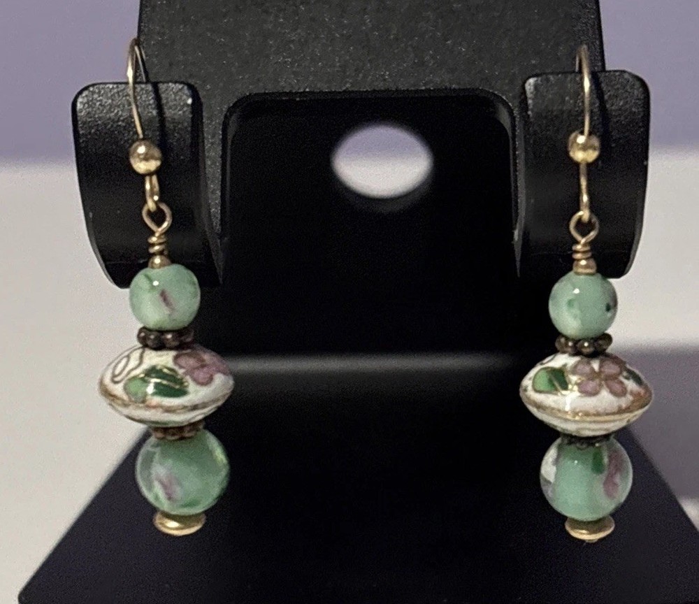 Vintage Cloisonne Enamel Green Floral Glass Beads Dangle Hook Earrings
