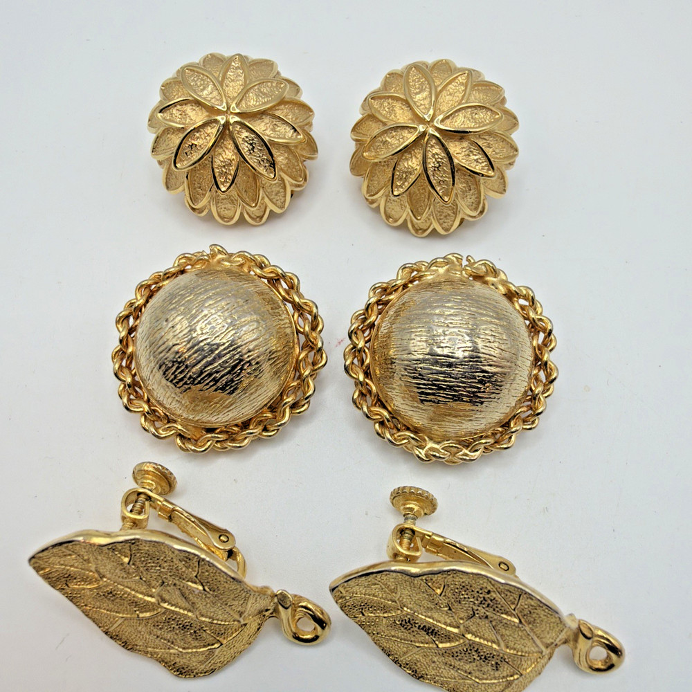 Gold Toned Clip Earrings Lot 3 Kramer Erwin Pearl & Goldette