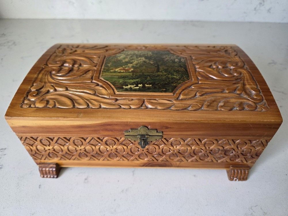 Vintage 1950s Carved Wooden Domed Cedar Chest Dresser Box W/Mirror 11 x 6