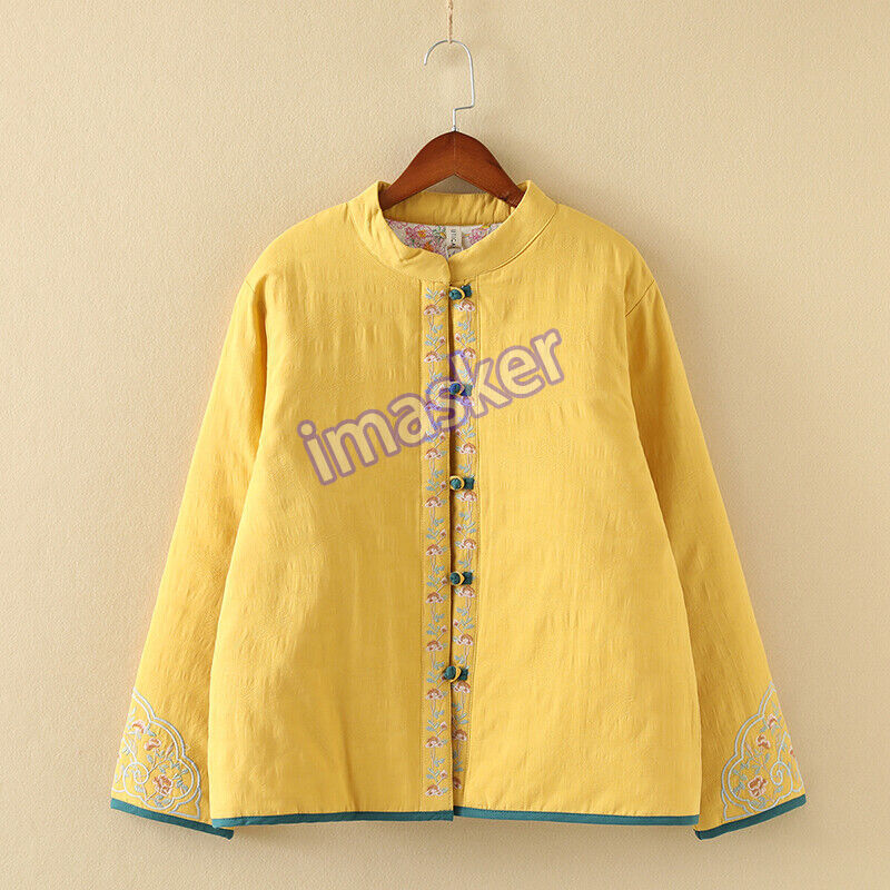 Chinese Style Embroidery Cotton Linen Coat Womens Winter Loose Retro Warm Jacket