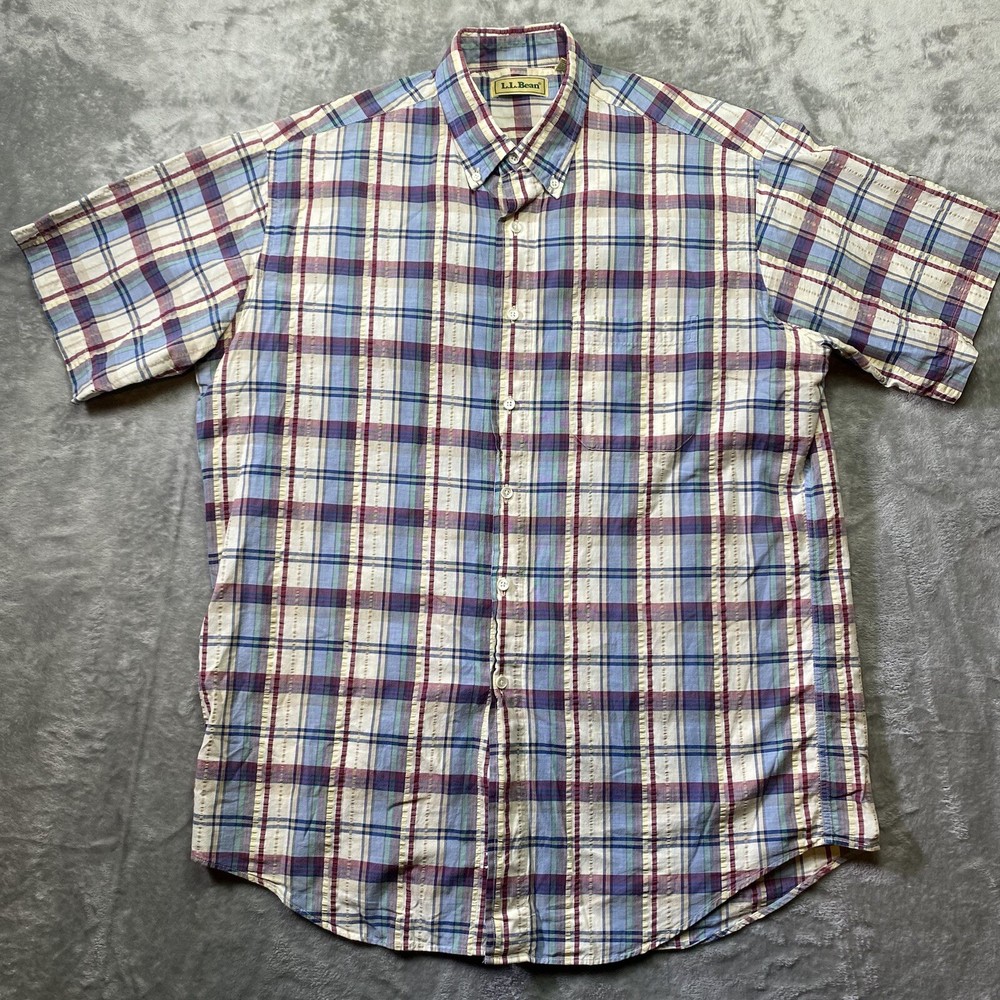 LL Bean Red White Blue Plaid Short Sleeve Button Down Shirt Size Large