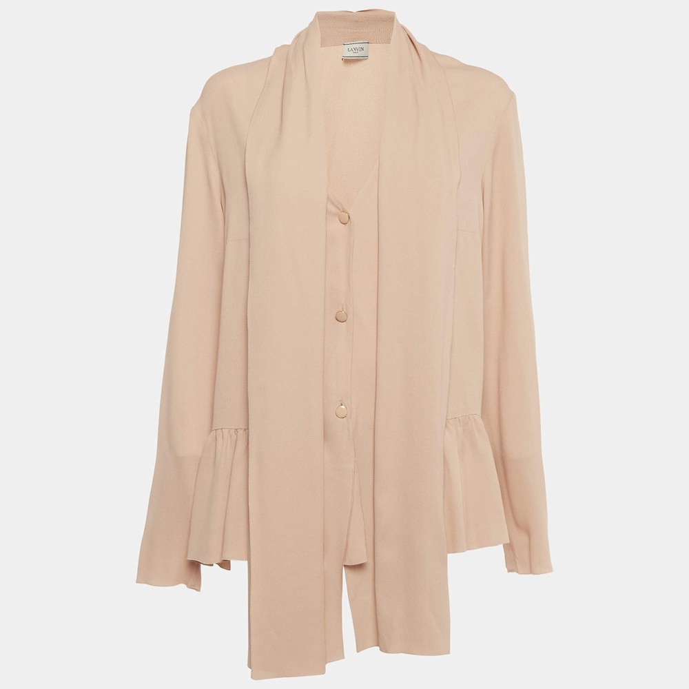 Lanvin Light Pink Crepe Draped Long Sleeve Blouse L