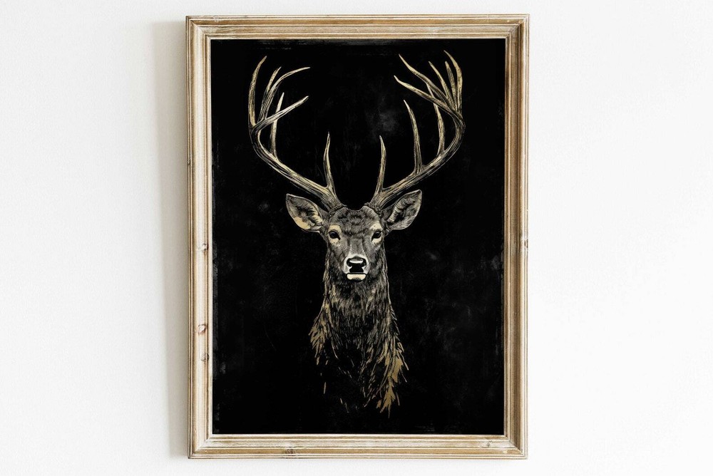 Deer Forest Hunting Wall Art in Gold and Black Design