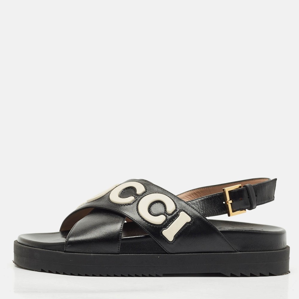 Gucci Black and White Leather Slingback Flat Sandals Size 38.5