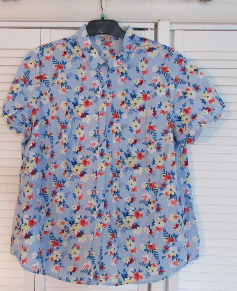 WOMAN WITHIN Sz 2X (26/28) Blue- White Pink Red Flowers Short Sleeve Blouse/Top