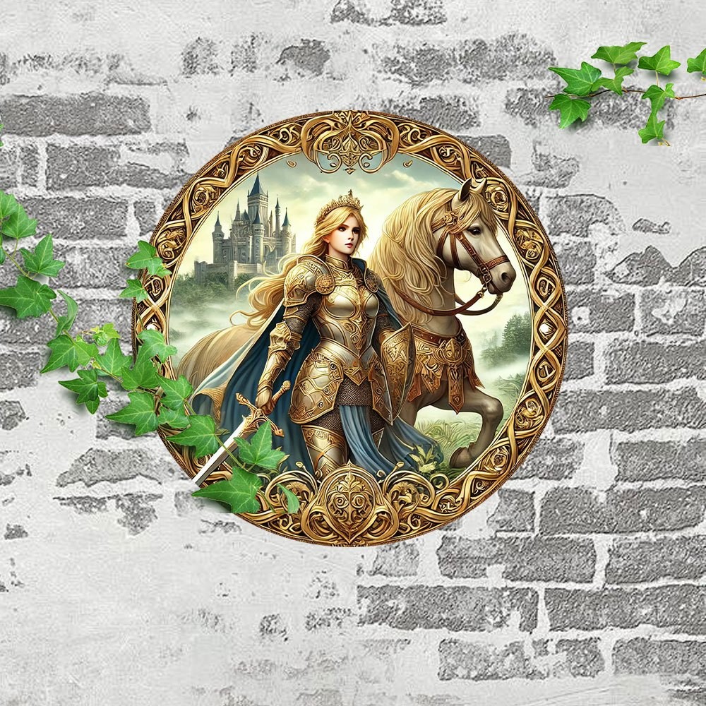Medieval Princess & Horse Round Aluminum Art 7.87Inch