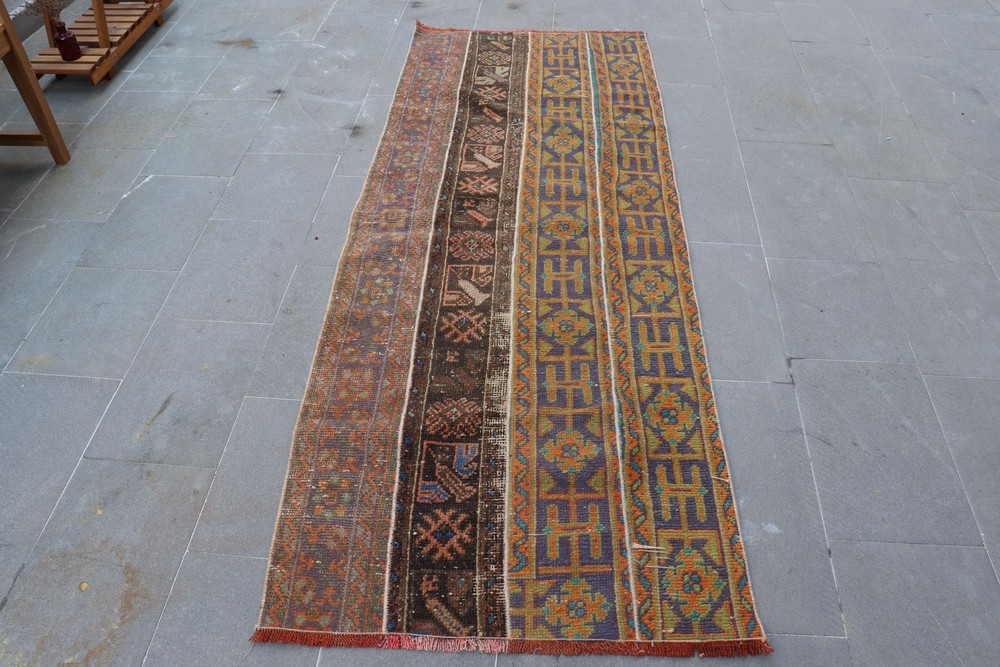 Turkish 2,9x7,7 ft Rug, Vintage Rug, Brown Plants & trees Rug Wool