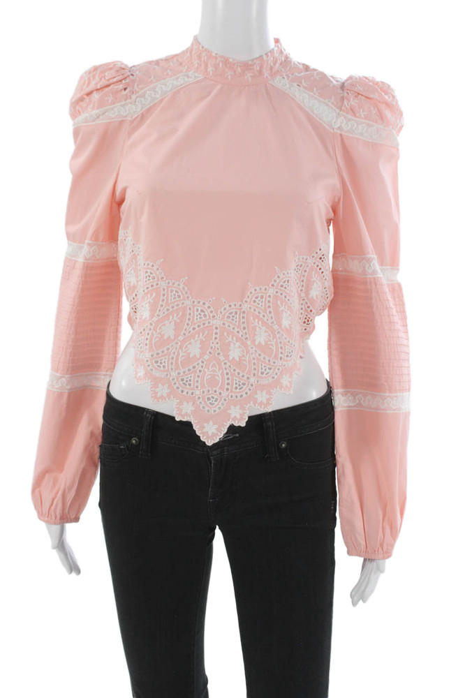Love Shack Fancy Women Cropped Pink Cotton Mock Neck Long Sleeve Blouse Size XSFree Shipping in US $100+ Orders | $6.95 Orders Below