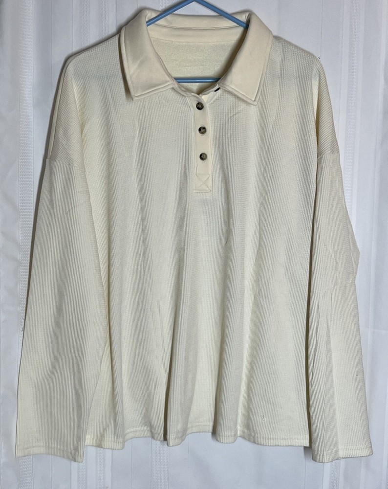 SHEWIN 2XL Waffle Knit V-Neck Polo Shirt Long Sleeve Collared Apricot