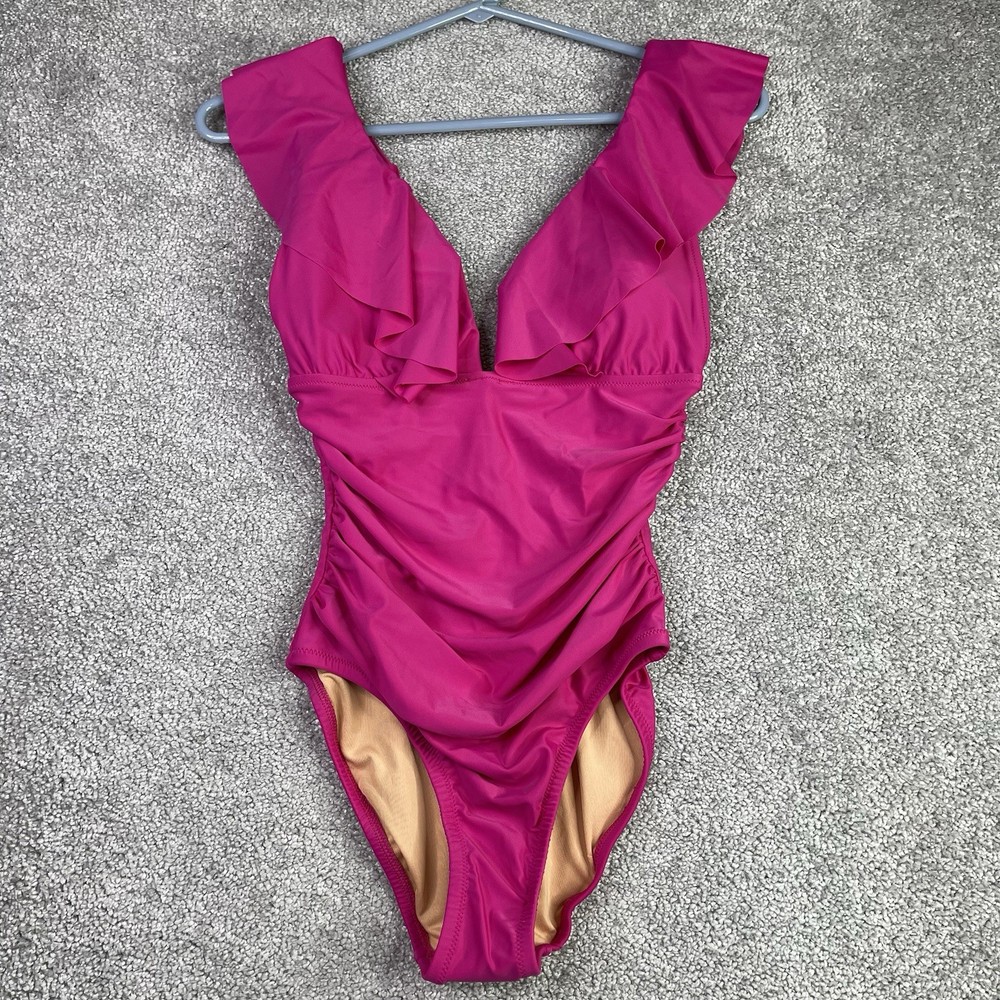 J. Crew Swimsuit Women’s 4 Fuchsia Ruffle One Piece Ruched V-Neck Lined Padded