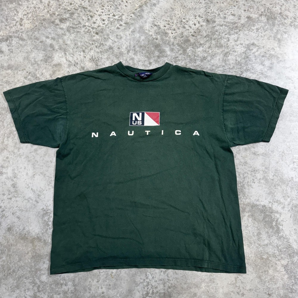 Vintage Nautica Shirt Mens XL Green Sailing Flag Logo Graphic Made USA 90s