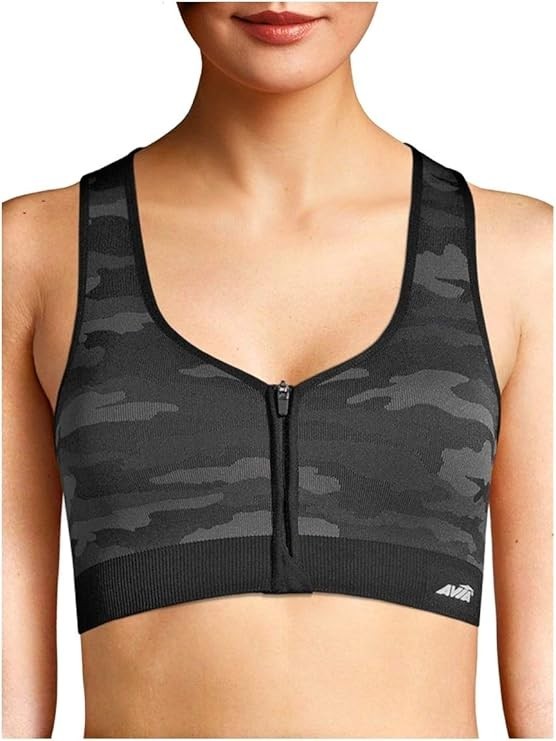 NWT AVIA Front Zip Sports Bra Black Gray Camo Zip Medium Support XL Pads