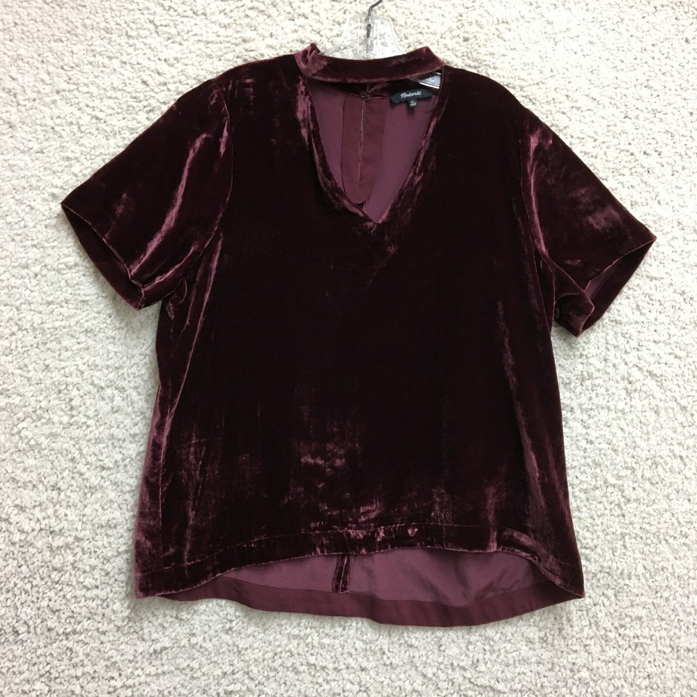 Madewell Red Velvet V-Neck Short Sleeve Top Womens XL Choker Neckline