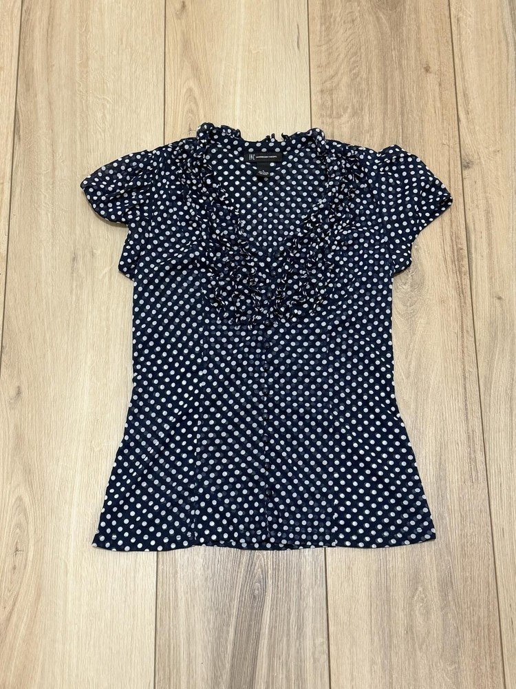 INC International Concepts Navy Blue Polka Dot Ruffle Trim Top Size L