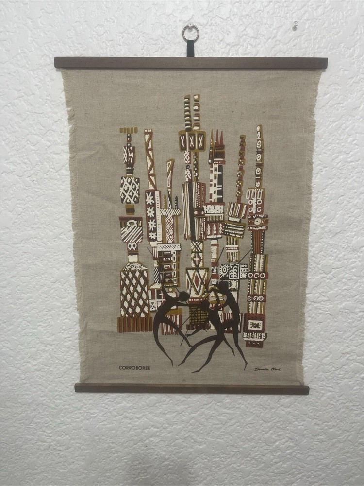 VTG 60s Donald Clark Linen Screen Print Australian Abstract Graphic Design Mid Century Modern-image