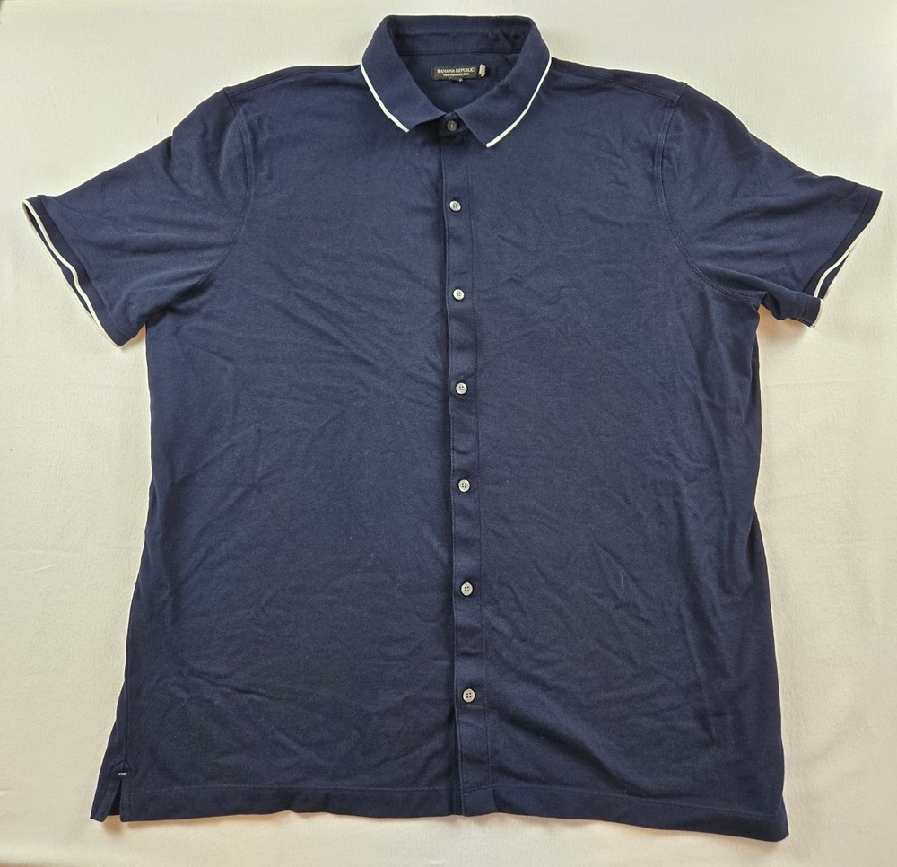 Banana Republic Mens XXL Navy Performance Knit Button Up Polo Shirt Casual