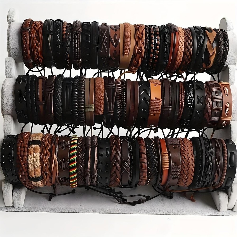 20pcs Braided Leather Bracelets, Wrap Cuff with Wood Beads Hemp for Men & Women