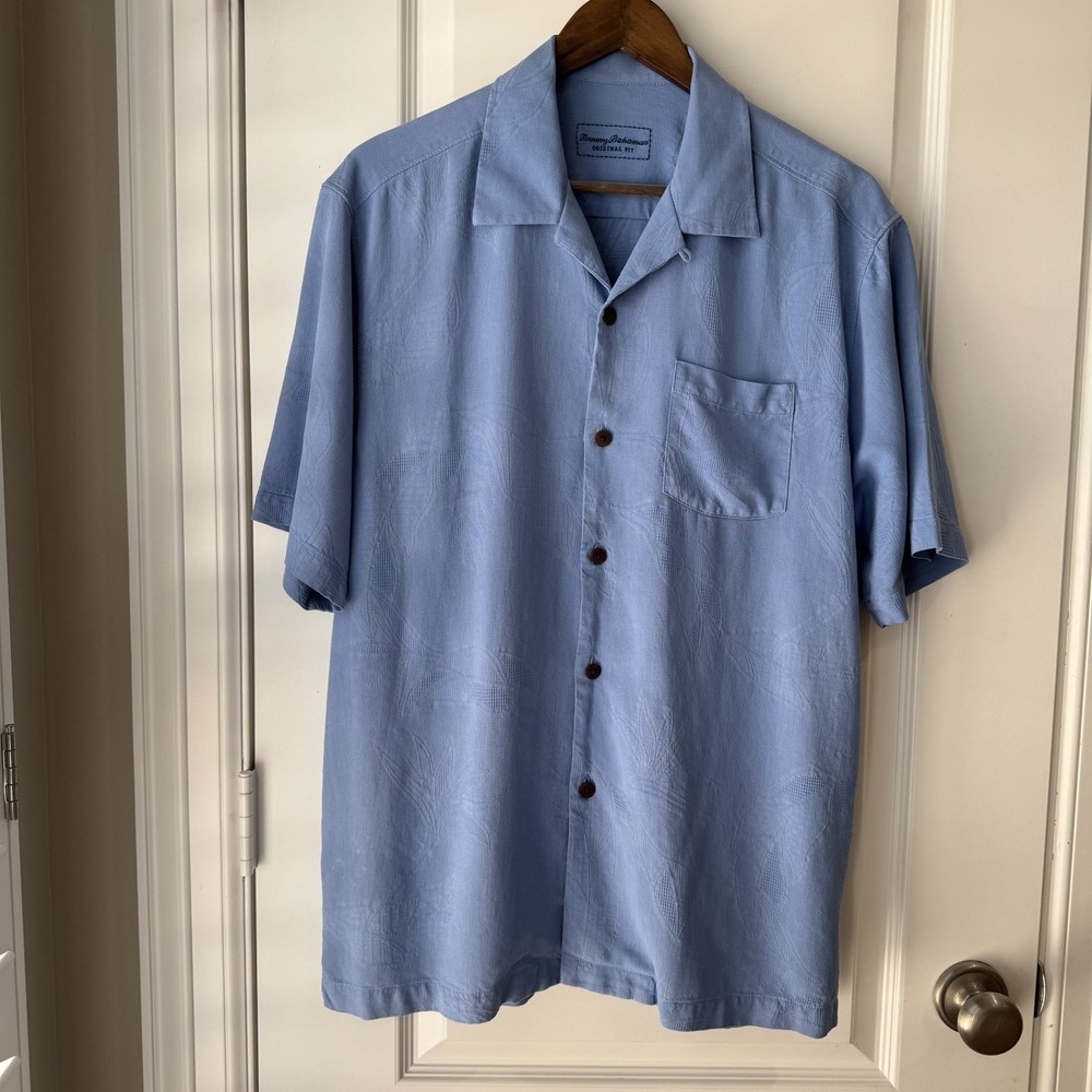Tommy Bahama Mens Med Blue SS Silk Camp Shirt Tonal Pattern Excellent
