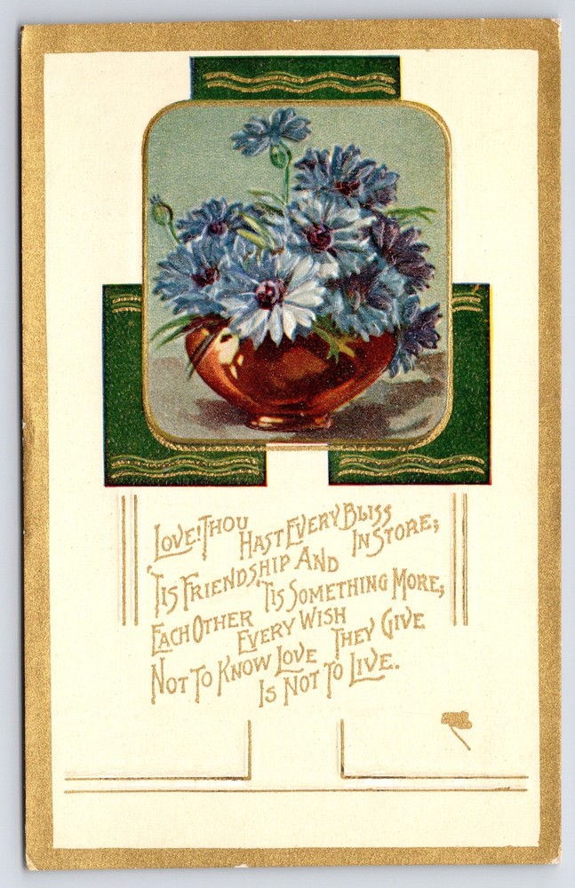 Greetings~Friendship~Blue Flowers In Bowl~Gold Border~Vintage Postcard