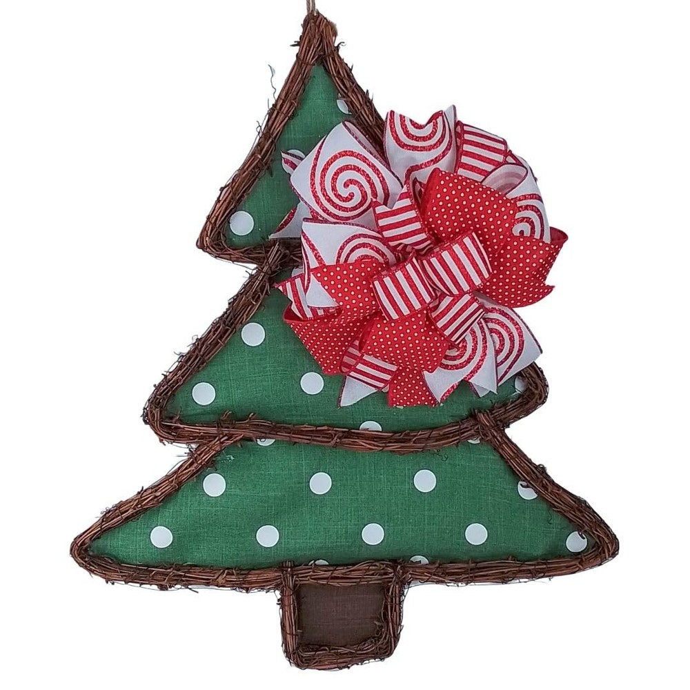 Polka Dot Christmas Tree Grapevine Wreath Winter Door Hanger