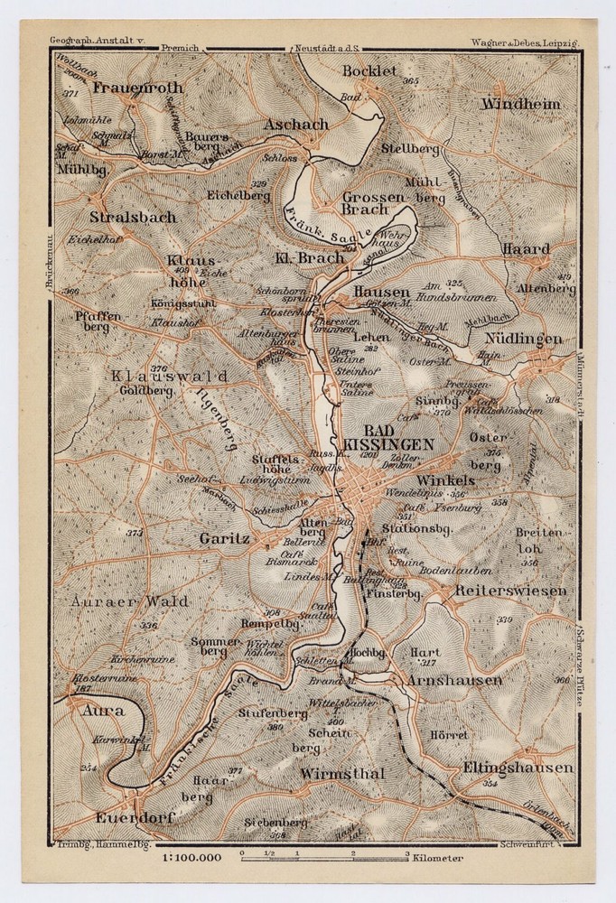 1910 Antique Map Of Vicinity Of Bad Kissingen / Bavaria / Bayern / Germany