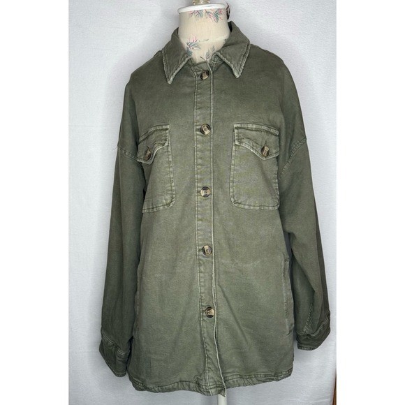 Aerie Olive Green Utility Shacket Jacket Women's Large Button Front Oversized