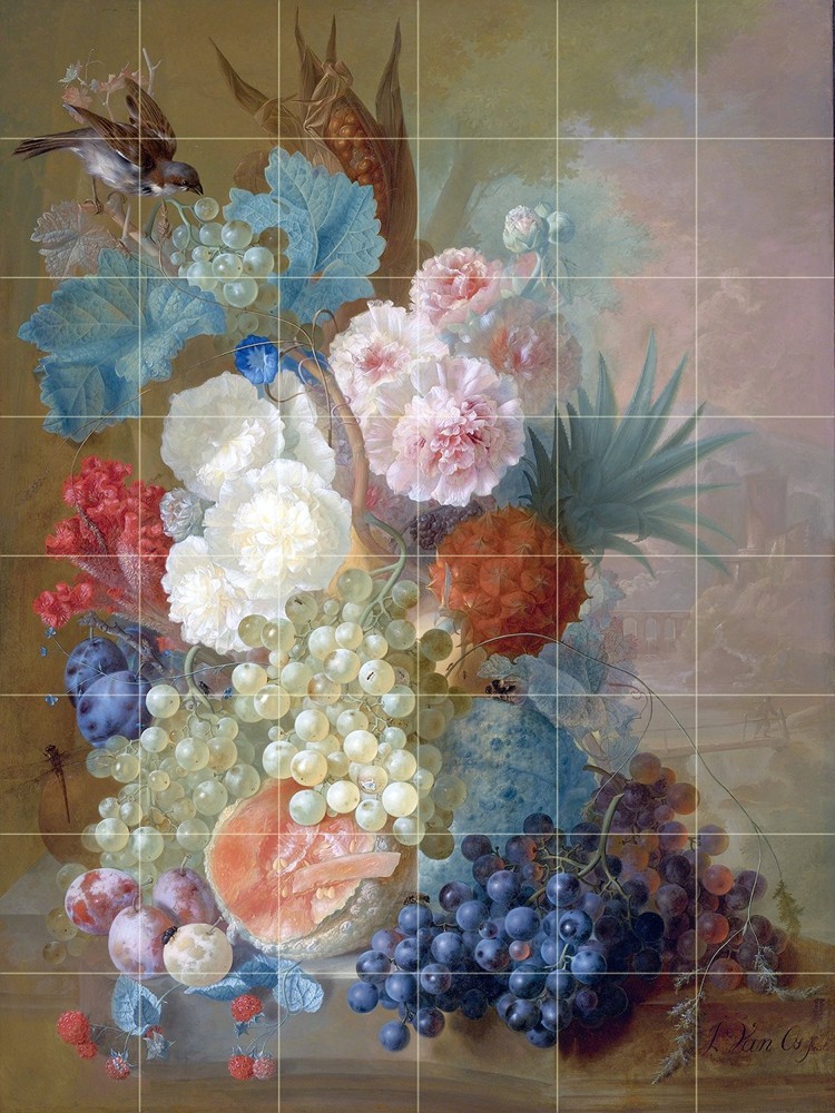 Vibrant Peonies and Cocks Comb Tile Mural Kitchen Backsplash 25.5x34