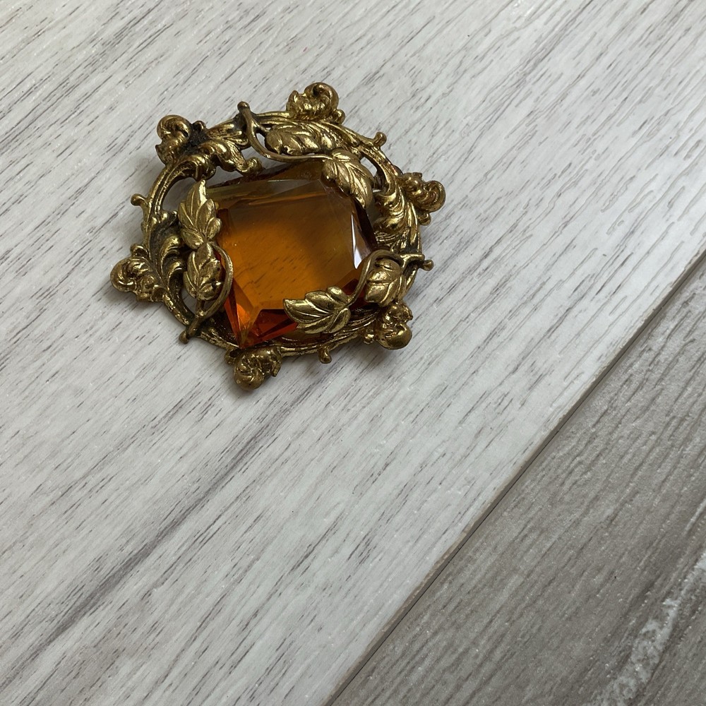 Vintage Brass And Amber Clear Glass Brooch. Large