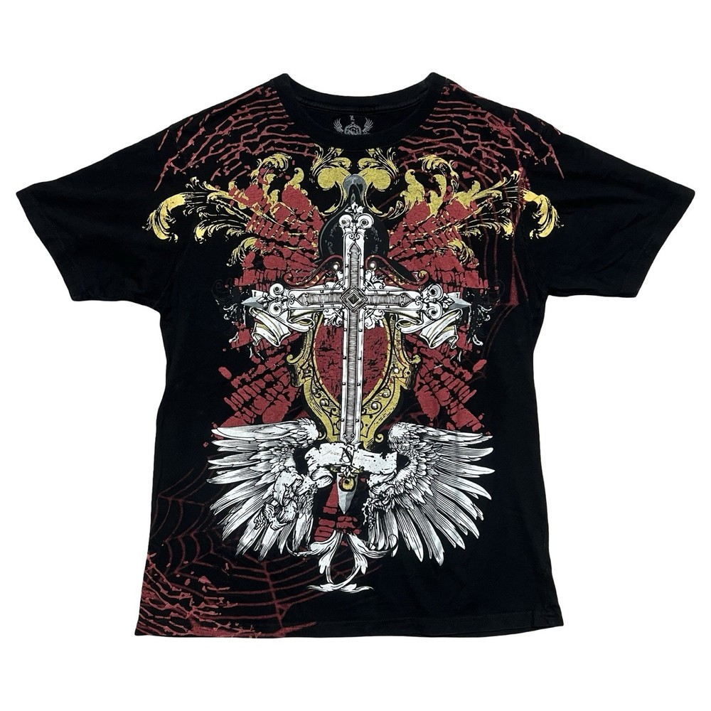 Cross Wings Shirt Mens Large Black Christian Goth Graphic Tee AOP Y2K MMA Style