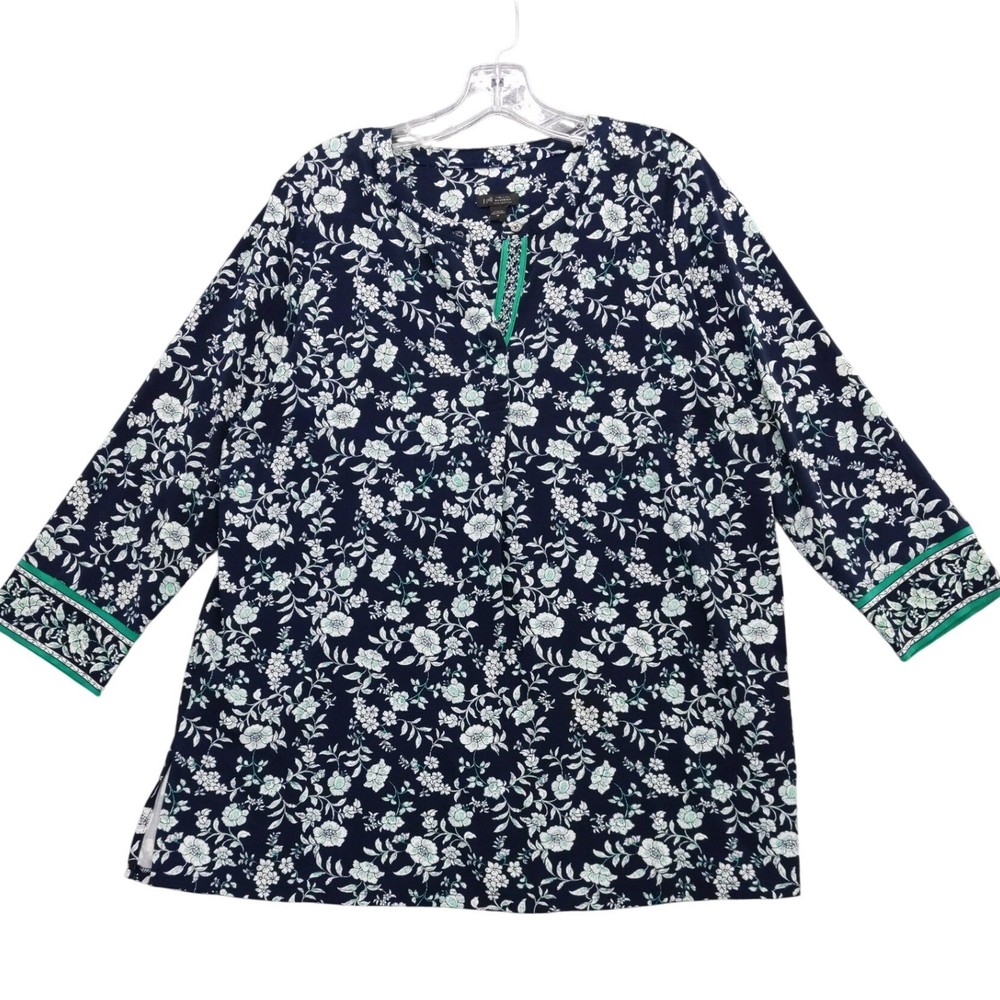 J.Jill Wearever Collection Floral Print 3/4 Sleeve Top Tunic Medium Blue
