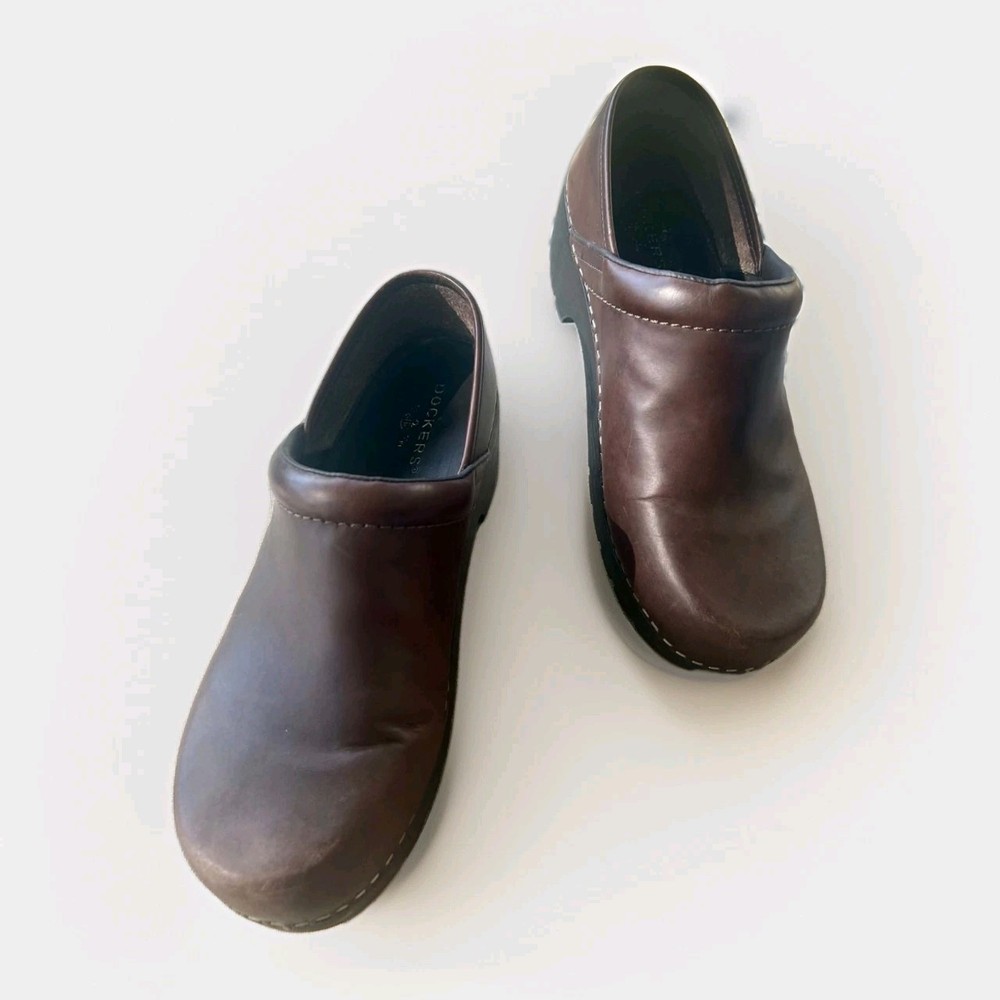 Dockers Brown Leather Slip-On Clog Mule Shoes Round Toe US 8.5 Stitching