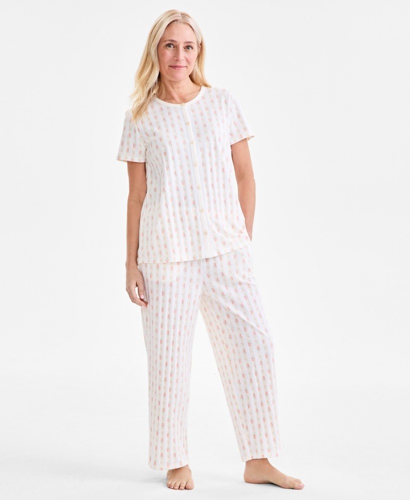 NWT Charter Club Women's 2-Pc. Cotton Printed Cropped Pajamas Set, M