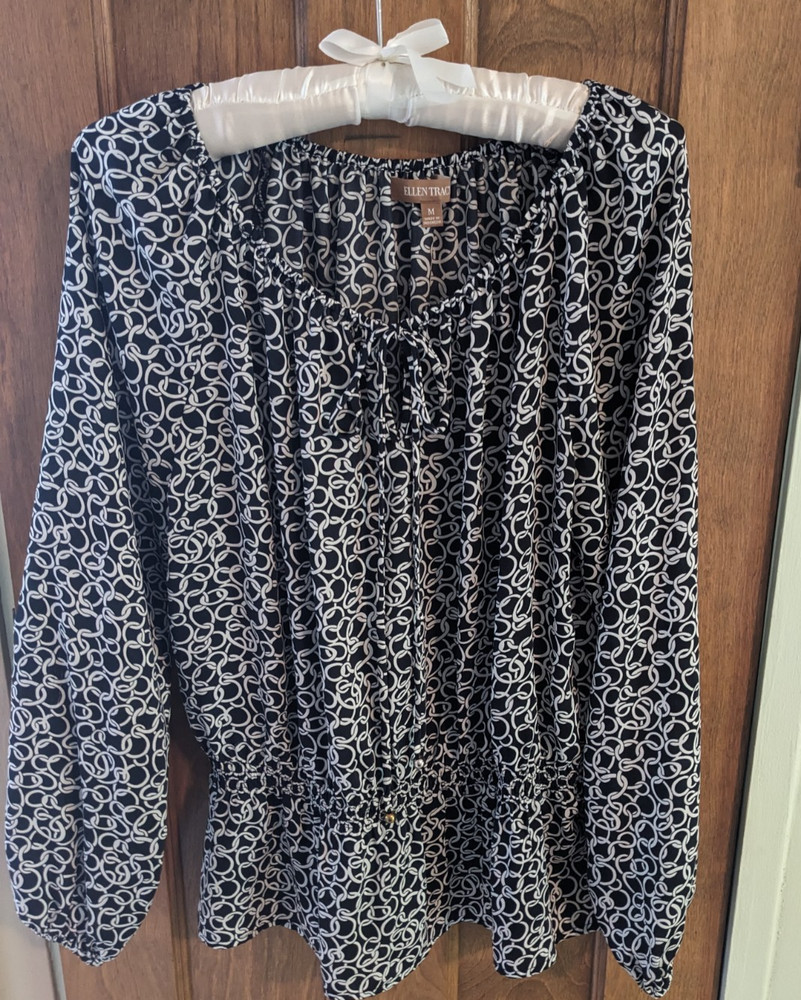 Ellen Tracy Blouse Black & White Geometric Elastic Waist, Tie Front, Medium