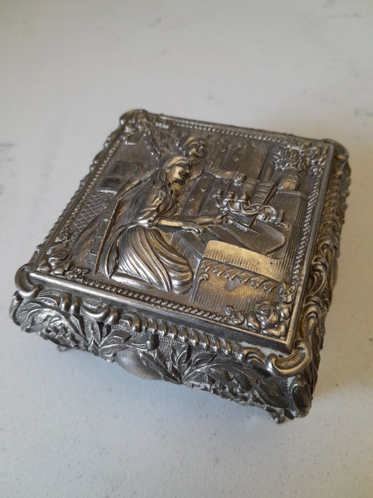 Vintage Footed Silver Color Red Velvet Lined Trinket Box 3x3