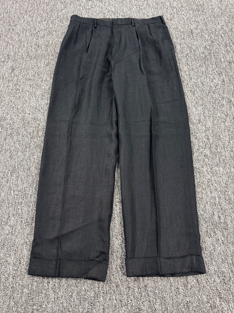 Vtg Polo Ralph Lauren Pants Men 36x34 Black Linen Pleated Cuffed Slack Trousers