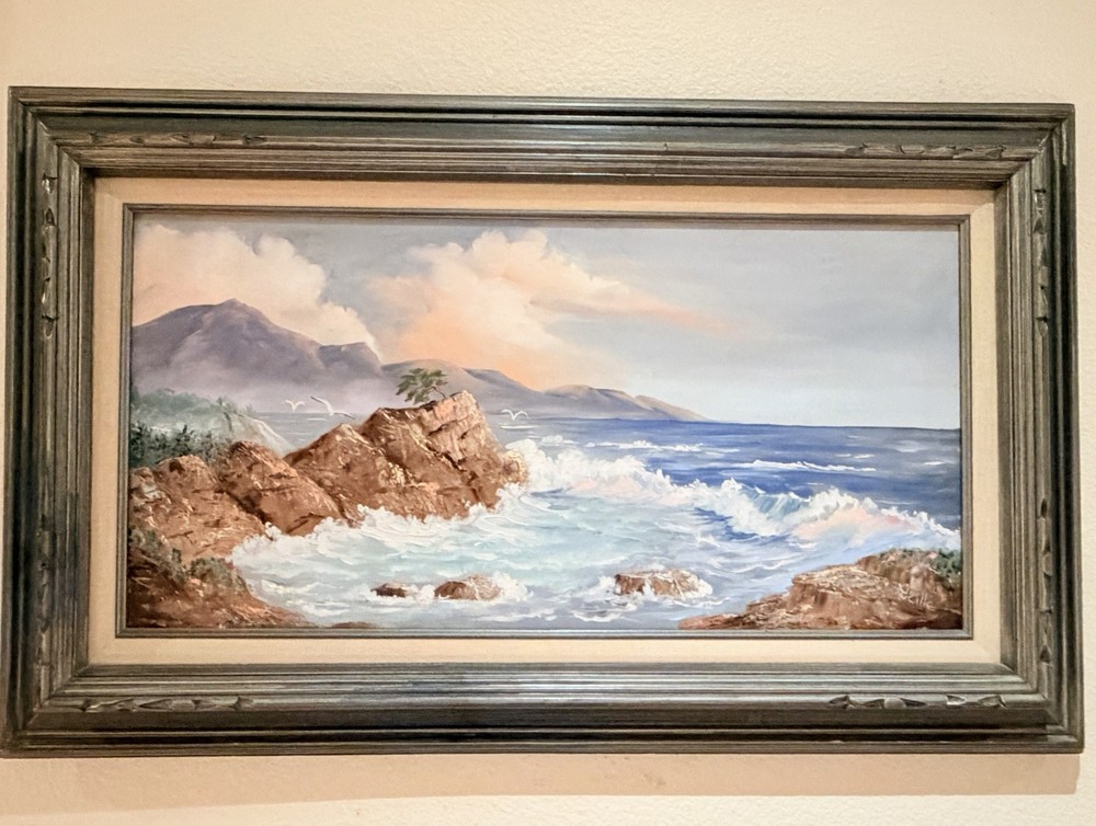Vintage Ocean Oil Painting Seascape Coast In Original Framed -Signed Lucille