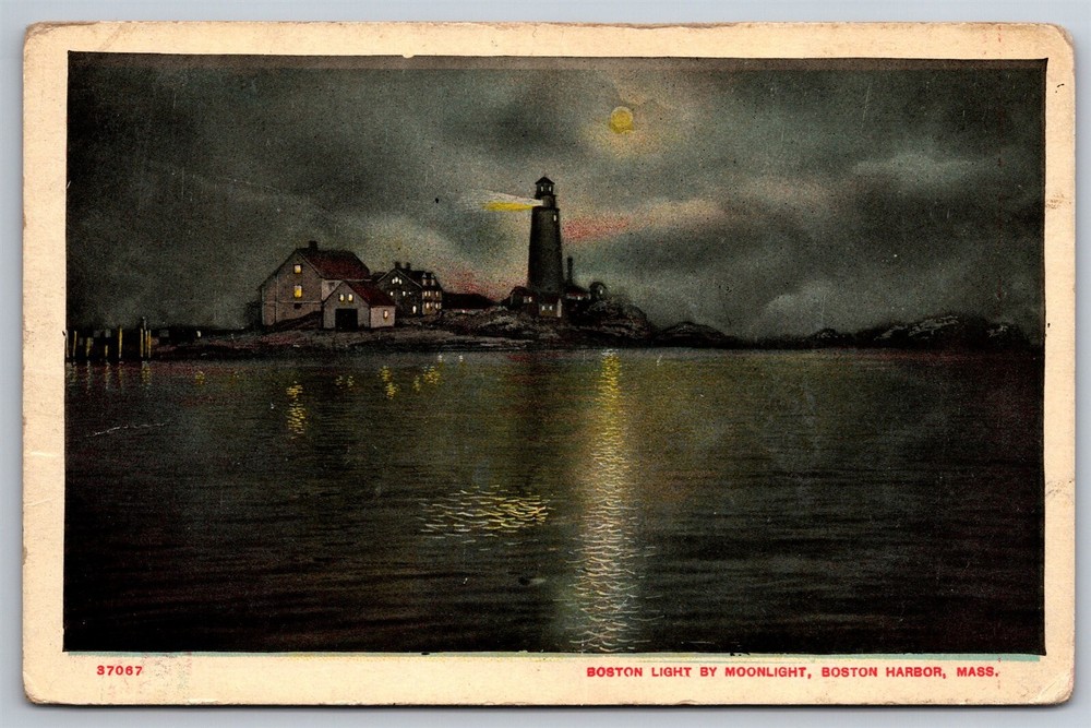 Boston Light By Moonlight Boston Harbor MA C1910s DB Postcard Y11