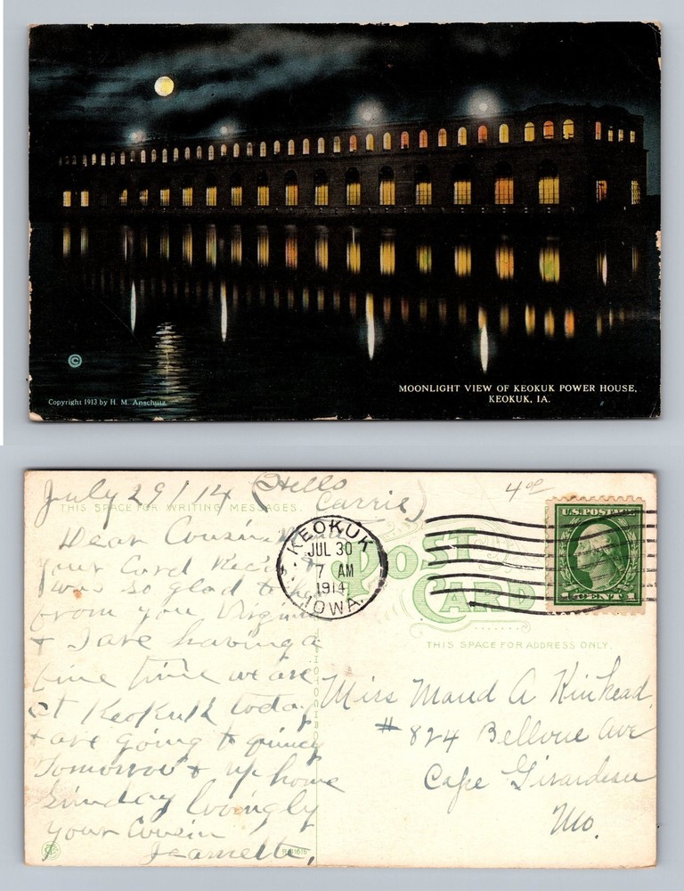 Keokuk, IA-Iowa, Moonlight View Power House River Scene Vintage c1914 Postcard