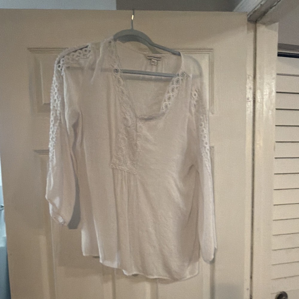 Lucky Brand Women’s Size M White Cotton Lace V-Neck 3/4 Sleeve Tunic Blouse