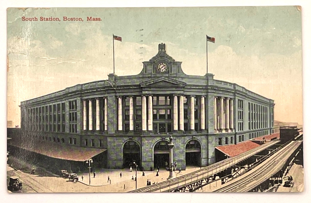 South Station Boston MA Postcard Railroad Depot Clock Flags 1910s