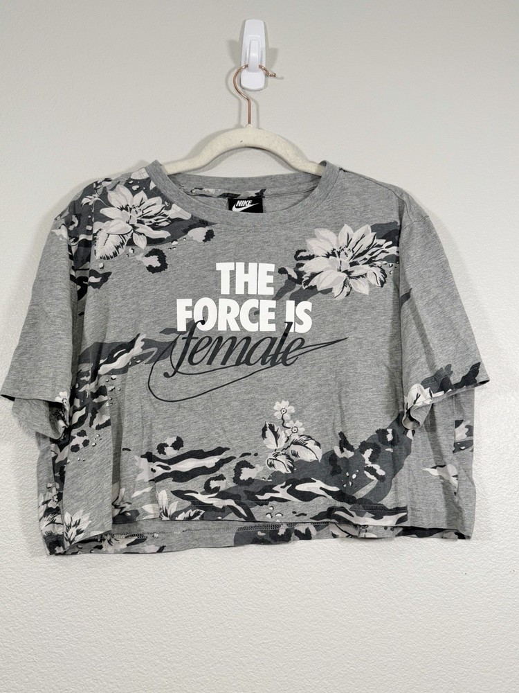 Nike Shirt Cropped Top Short Sleeve Tee Gray Floral The Force Is Female Women L